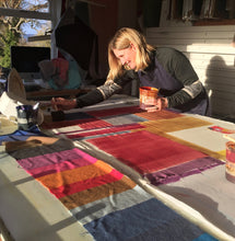 Jane Keith  'Fields of Colour' work in progress - the first layer of colour being applied to the base fabric. Hand printed wool hanging 2019. 100% Wool, 950mm x 950mm x 20mm