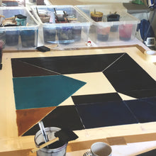 Jane Keith 'Colour Block grid' 100% wool hand painted work in progress - studio shot