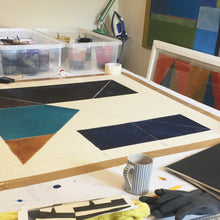 Jane Keith 'Colour Block grid' 100% wool hand painted work in progress - studio shot