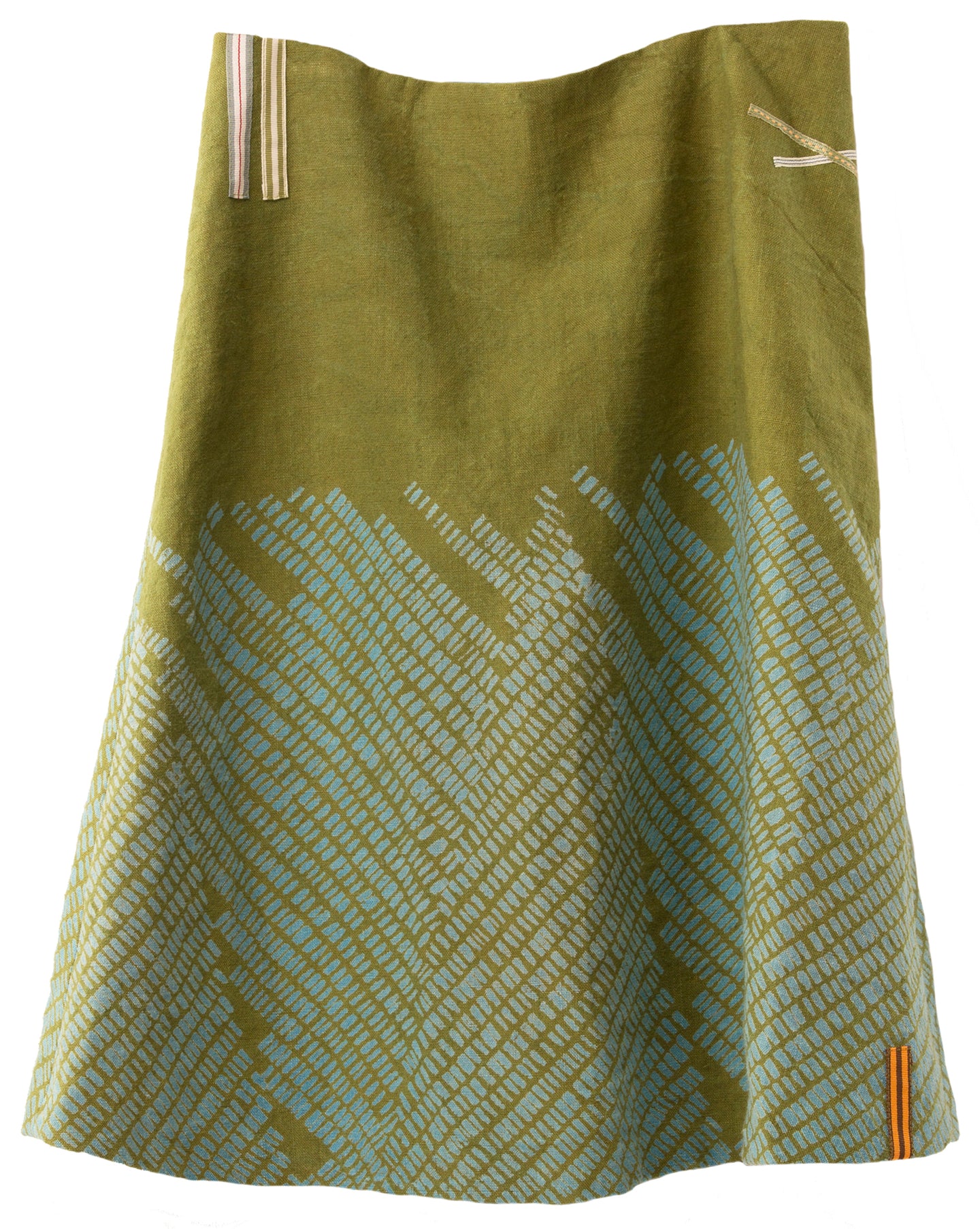 'Dashes' green heavyweight linen A-line skirt