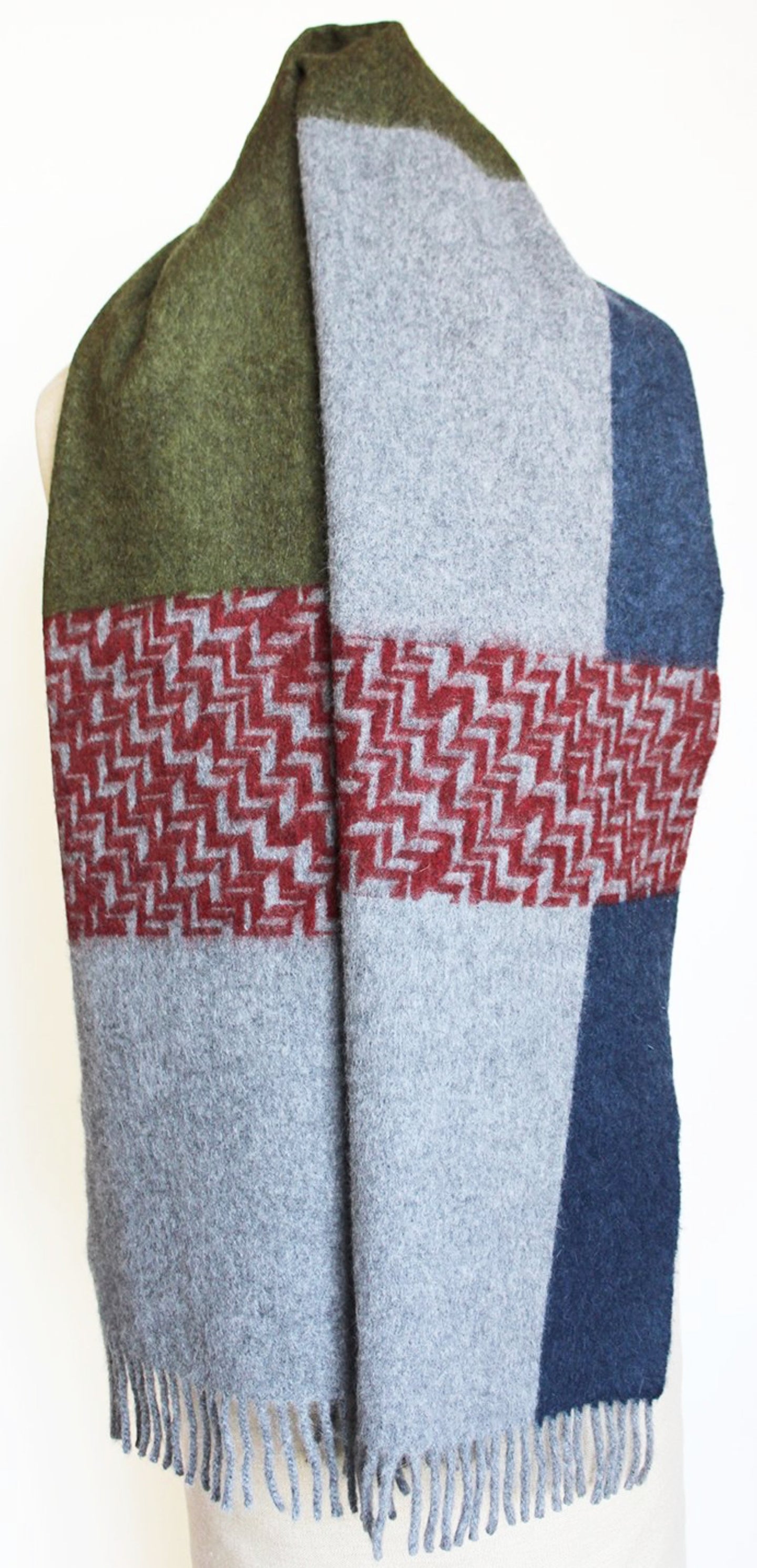 JKD Angora/wool 'colour block' green block with  red herringbone blocks on derby grey (draped)