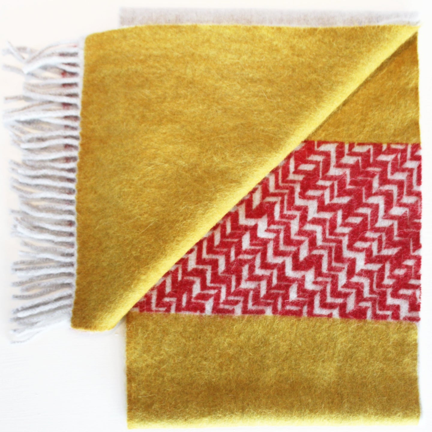 Yellow and red printed anogora wool scarf