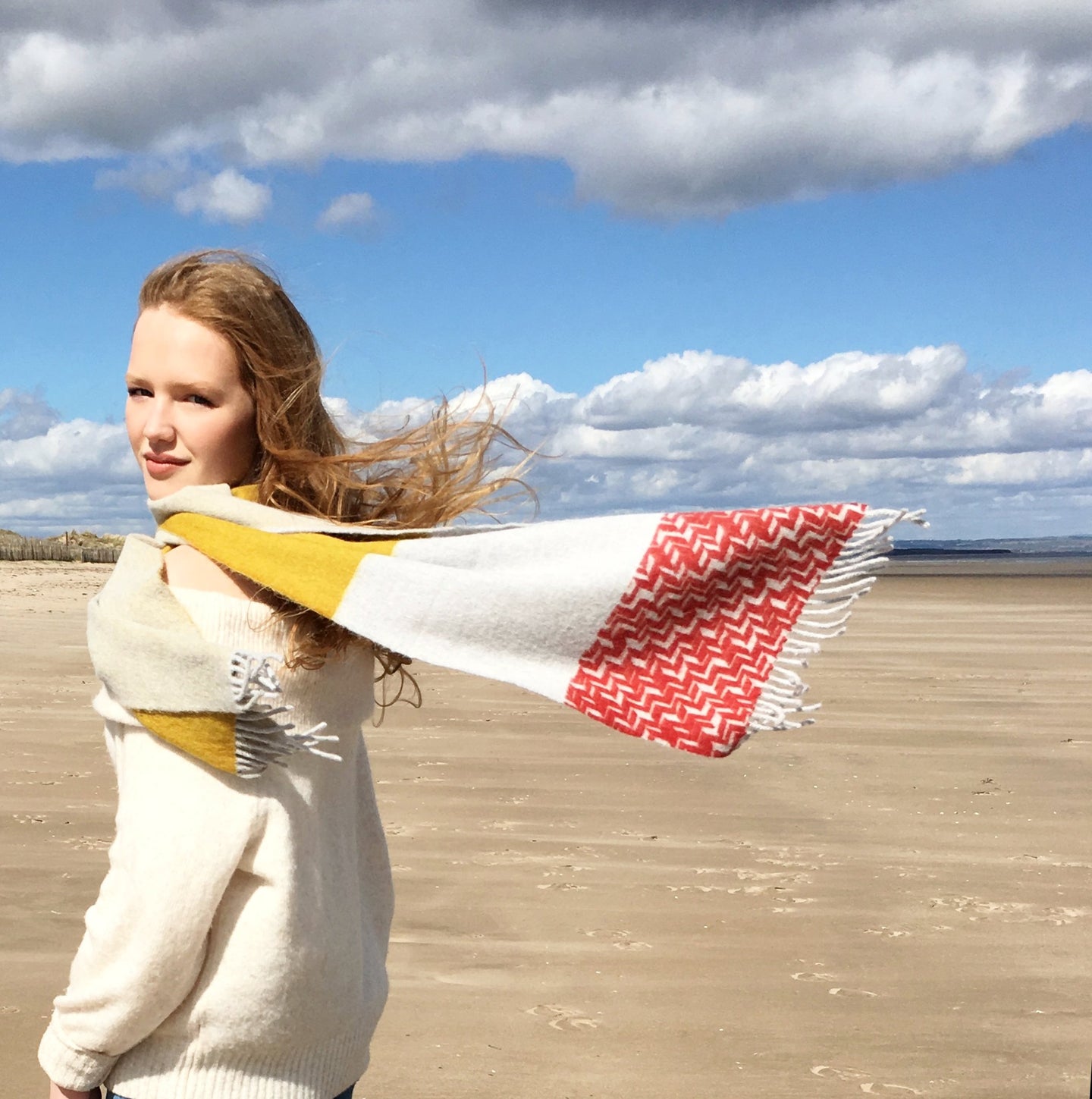 Yellow and red printed anogora wool scarf